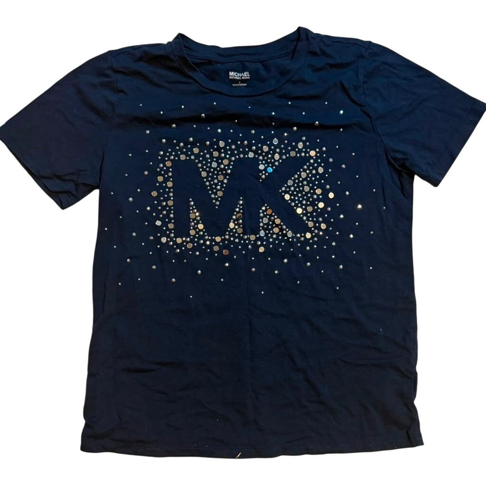 Michael Kors Womens Navy Blue Studded MK Logo Short Sleeve T-Shirt Size S